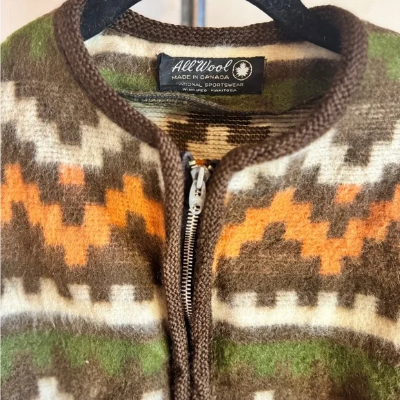 Vintage 1960s Kurt Cobain Grunge Style Aztec Zip Up Alpaca Cardigan Sweater Sz M - Picture 2 of 3